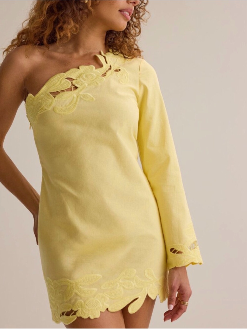Altar'd State Yellow One-Shoulder Lace-Trim Mini Dress
